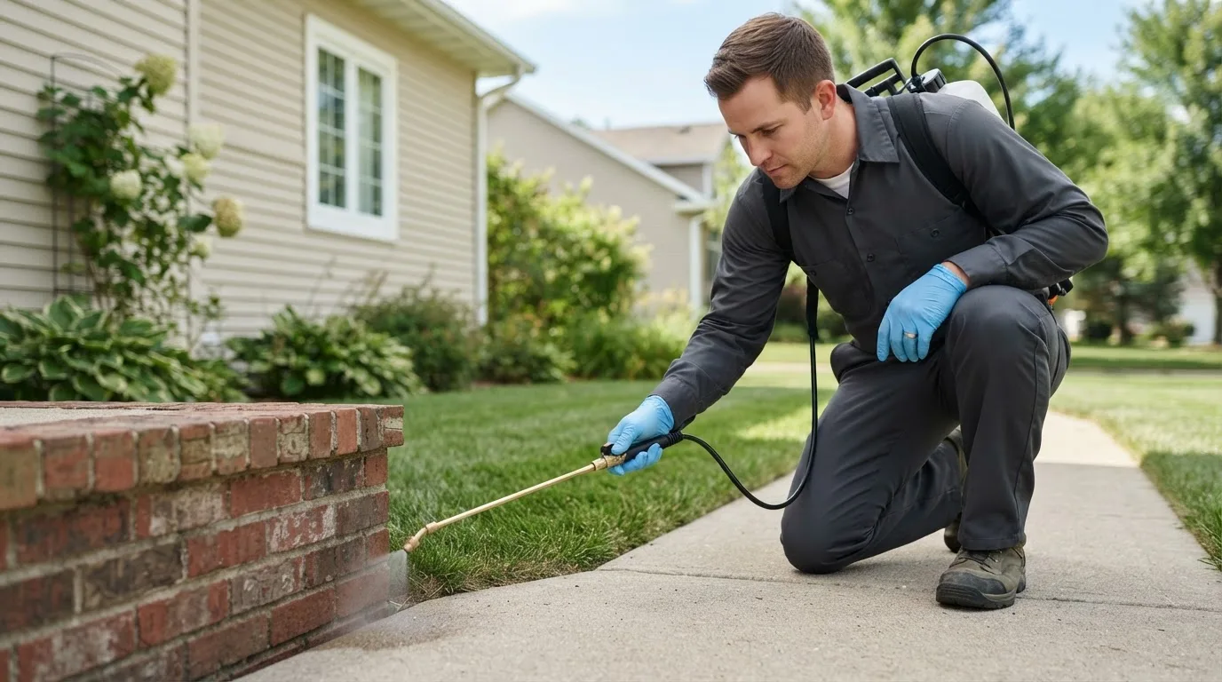 Pest control technician treating a home near Waresboro, GA
